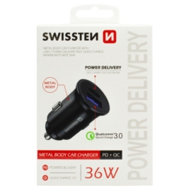 SWISSTEN Szivargyújtós USB Gyorstöltő - QC3.0/PD3.0 - USB-A/USB-C - 36W - 12/24V