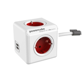 PowerCube Extended hálózati hosszabbító, 4 dugalj + 2 USB, 1,5m, fehér-piros