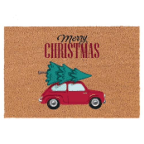 Home DD60257 Lábtörlő autóval, merry christmas, kókuszrost, 40x60cm, natúr