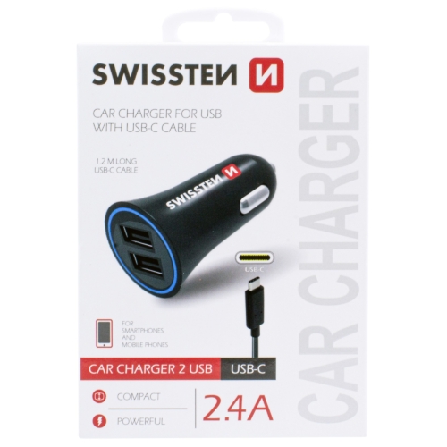 SWISSTEN Szivargyújtós USB Gyorstöltő + 1,2m USB-C Kábel - 2400mA - 12/24V